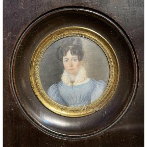 Portrait Miniature Of A Lady In Blue Dress With Tulle Ruffled Collar, Restoration C.1820 