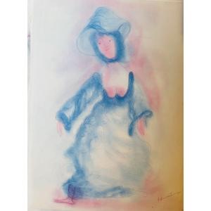 Antonio Monasterio – Femme en robe bleue avec chapeau, pastel signé, N. 11  