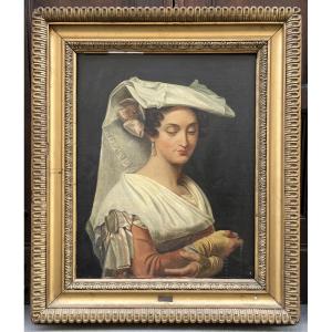 Italienne en costume laziale de la campagne romaine avec voile, chapelet et manchettes, XIXe s.