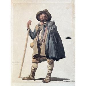 Paysan italien en costume traditionnel ciociaro, Campagne romaine,inscriptions en français,XIXe