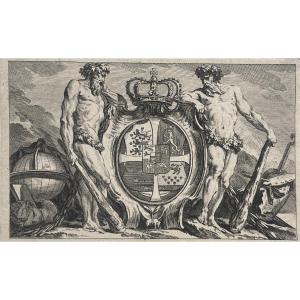 Royal Coat Of Arms Of Denmark With Order Of The Elephant, 17th Century Engraving