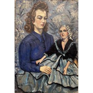 Portrait Art Déco de jeune femme avec poupée boudoir, 1943, cm 91 x 63  Signé 