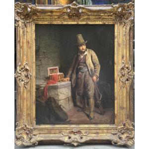Brigand italien dans son refuge avec coffret de bijoux, signé Pauwels, v.1850