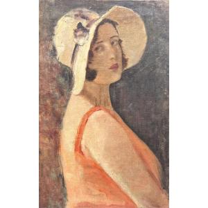 Female Portrait With White Hat, Vittorio Gussoni (?) (milan, 1893 – Sanremo, 1968), Ca. 1940