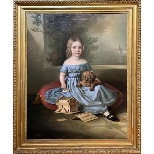 Portrait Of Young Girl With Dog And Tyrolean House Model, Northern Italy Or Austria 1835