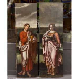 Saint Catherine And Saint John, Two Polyptych Wings, Flemish School, 16th Century  