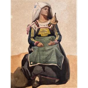 Italian Woman In Traditional Dress From The Ciociaria Or Abruzzo Regions, Holding A Spindle, 19th Century  Watercolor 