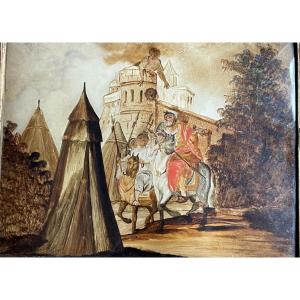 Peinture sous verre avec scène de siège et campement militaire , XVIIIe , Venise (?)