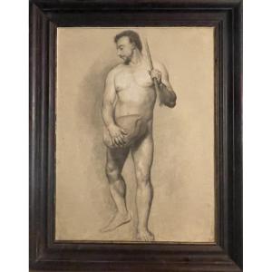 Étude académique de nu masculin avec moustache et bâton, école florentine, fin XVIII/début XIX