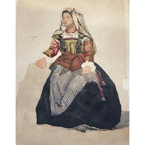 Italian Woman Of Cervara In Traditional Costume, 19th Century Watercolor And Pencil On Paper