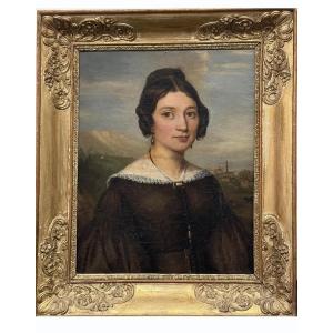 A Signed And Dated Portrait Of A Woman By Castin, 1838, Featuring A Scene With A Dog And A Cat.