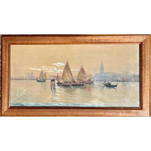 Gino Scalatelli (1876-1943?) View Of Venice From The Giudecca With Bragozzi Under Lug Sails 