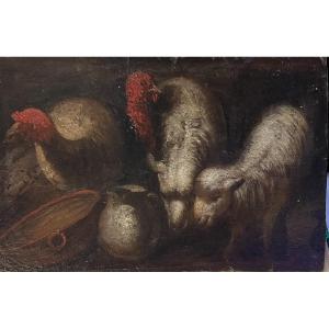 Turkeys, Sheep And Rustic Utensils — Genre Sketch Italian School, 19th Cent