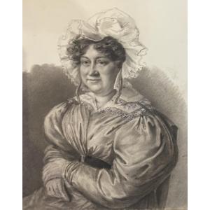 Charcoal Portrait Of A Lady In A Dress With Puffed Sleeves And A Lace Bonnet, Ca. 1830  