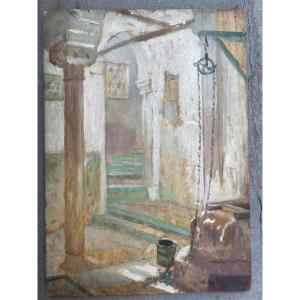 Henry d’Estienne (1872-1949) – Cour intérieure nord-africaine, petit panneau  