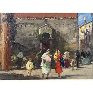 Small View Of Venice With A Market Near A Church, Erma Zago (1880–1942)  