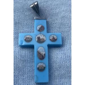 Micromosaic Cross On Blue Glass Paste Depicting Monuments Of Ancient Rome, Mid-19th Century