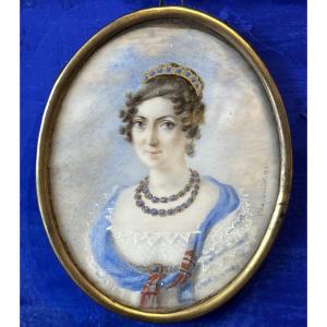 Portrait Of A Lady With A Tiara, Restoration Period Miniature Signed Chaponnier, Dated 1821