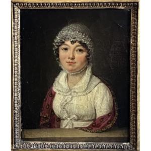 Portrait de dame à la coiffe et au châle rouge, école française, vers 1820