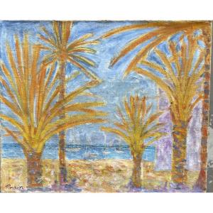 Paysage méditerranéen aux palmiers et voiliers signé Poirier, vers 1940–1960 