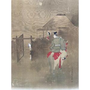 Peinture japonaise sur soie, époque Meiji, cavalier devant une maison au toit de chaume