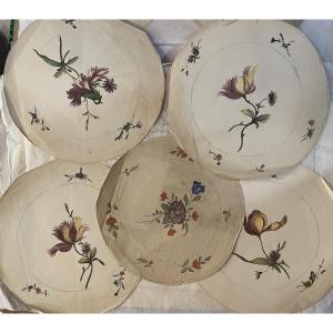 Seven Drawings Of Floral Designs For Ceramic Plates, After 18th-century Models