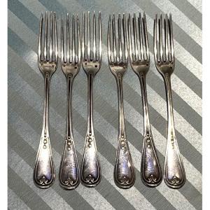 Six fourchettes en argent massif Puiforcat, armes à bande étoilée et cimier de cerf, v. 1890