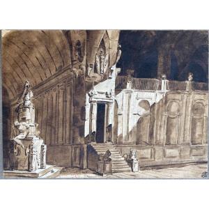 Architectural Stage Design With Trophy Monument, Imprisoned Moor And Lions. Fontanesi Circle