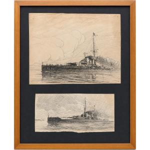 Deux encres de cuirassés en mer – Pierre Leconte (1894-1946) Encre sur papier. Deux dessins