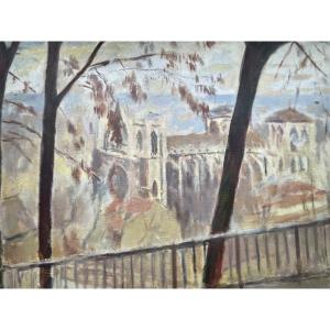View Of A Gothic Cathedral From A Wooded Hill, Signed Vanier, C. 1940  