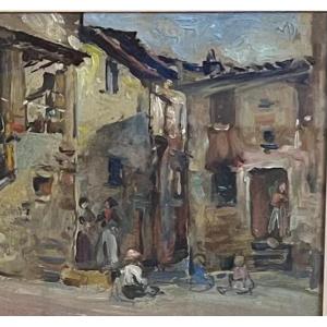Alfonso Hollaender, Houses In A Tuscan Village With Figures, Signed
