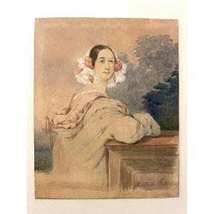 Portrait de jeune femme à la cape à capuchon, « Marta S[?]. Pieterburg », vers 1840  Aquarelle 