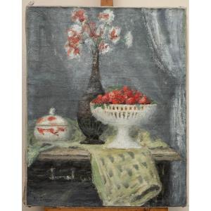 Henry Déziré (1878–1965) – Nature morte aux fraises et aux fleurs, Vers 1930. Signée