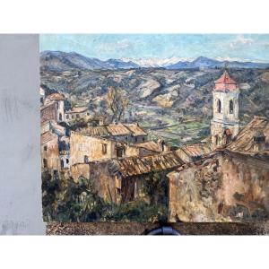 Germain David-nillet (paris, 1861–1932) – View Of A Village And Mountain Landscape, Signed