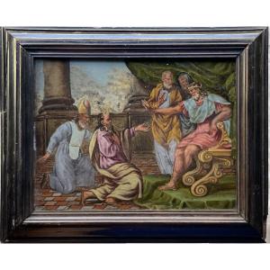 Moses And Aaron Before Pharaoh, Reverse-glass Painting, Original Frame. XVII Secolo