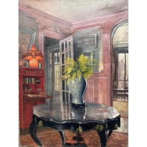 French Apartment Interior With Large Windows, Red Cabinet And Mimosa, C. 1930