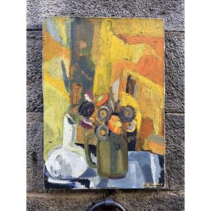 Francine Chimène, Nature morte aux fleurs, cruche blanche, tons jaunes, école française, 1970