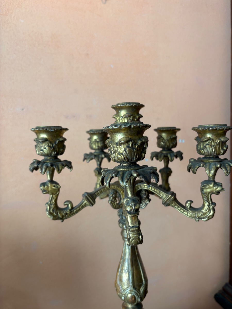 6-light Candelabra Made Of Carved And Gilded Wood With A Lacquered Base In Faux Marble Finish -photo-2