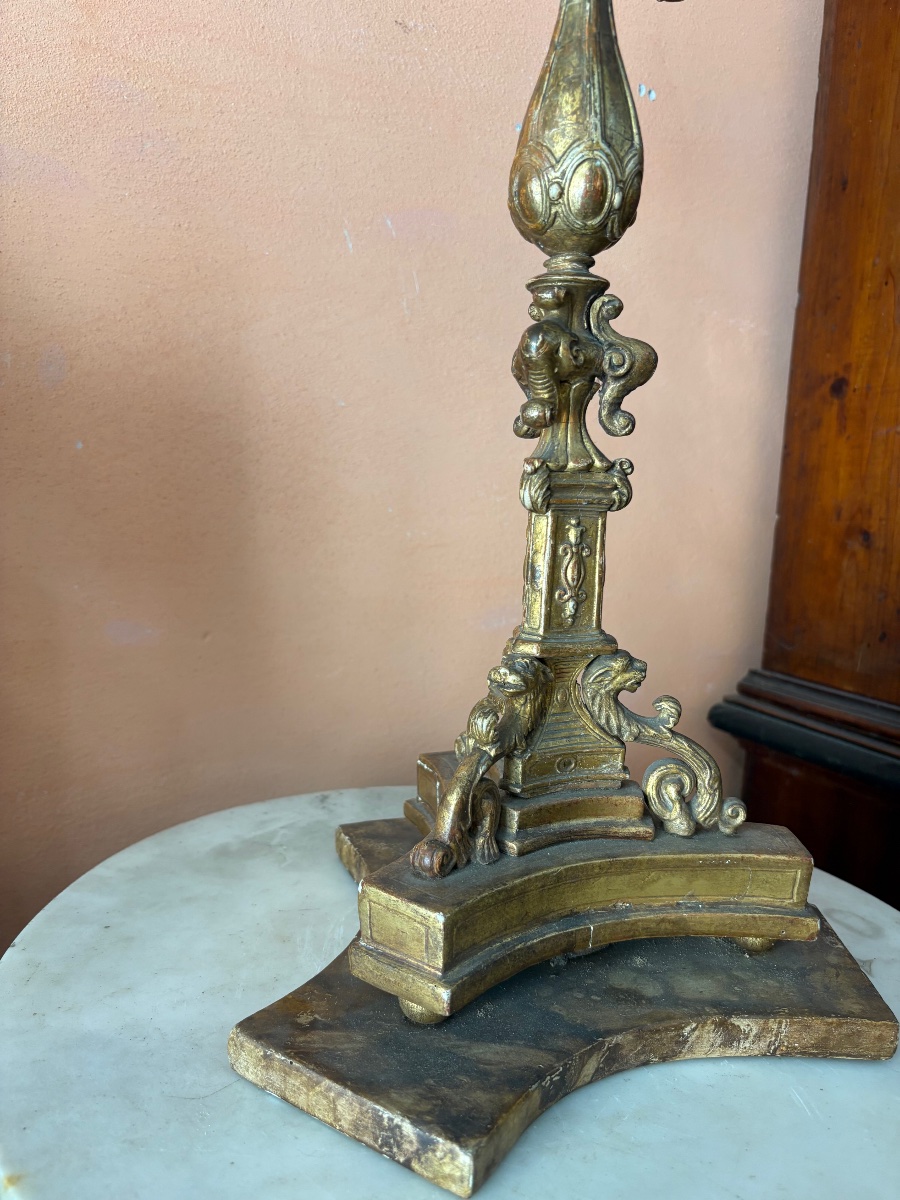 6-light Candelabra Made Of Carved And Gilded Wood With A Lacquered Base In Faux Marble Finish -photo-3