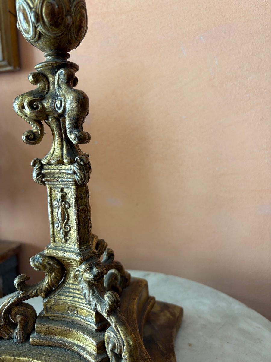 6-light Candelabra Made Of Carved And Gilded Wood With A Lacquered Base In Faux Marble Finish -photo-4