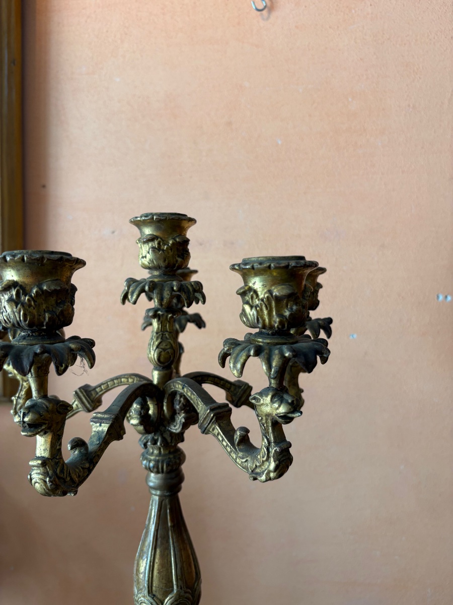 6-light Candelabra Made Of Carved And Gilded Wood With A Lacquered Base In Faux Marble Finish -photo-1