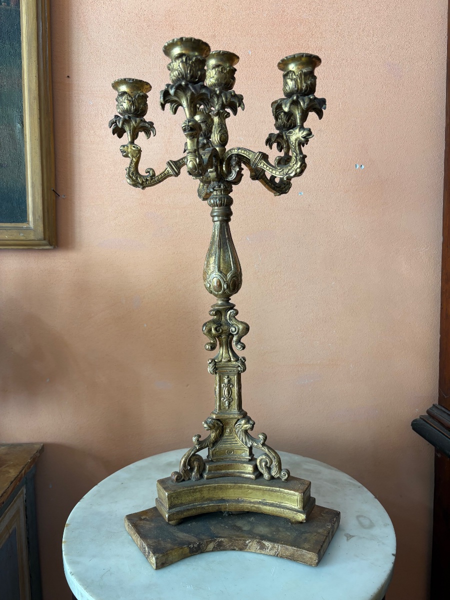 6-light Candelabra Made Of Carved And Gilded Wood With A Lacquered Base In Faux Marble Finish 