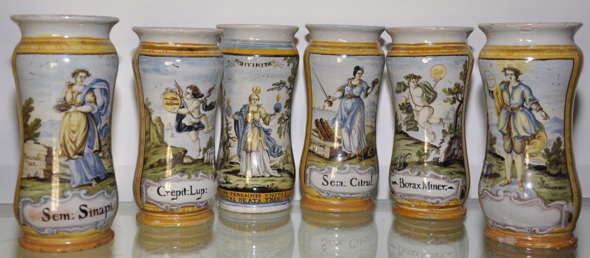 6 Albarelli en majolique Francesco Saverio Grue (1731-1806 circa)