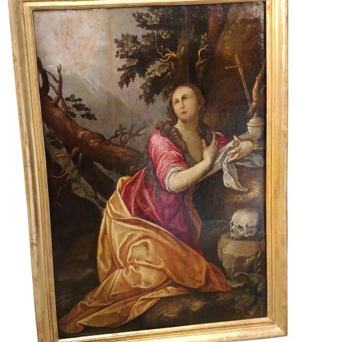 Old Flemish Painting Of Penitent Magdalene Oil On Panel From The 18th Century-photo-2