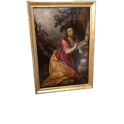 Old Flemish Painting Of Penitent Magdalene Oil On Panel From The 18th Century