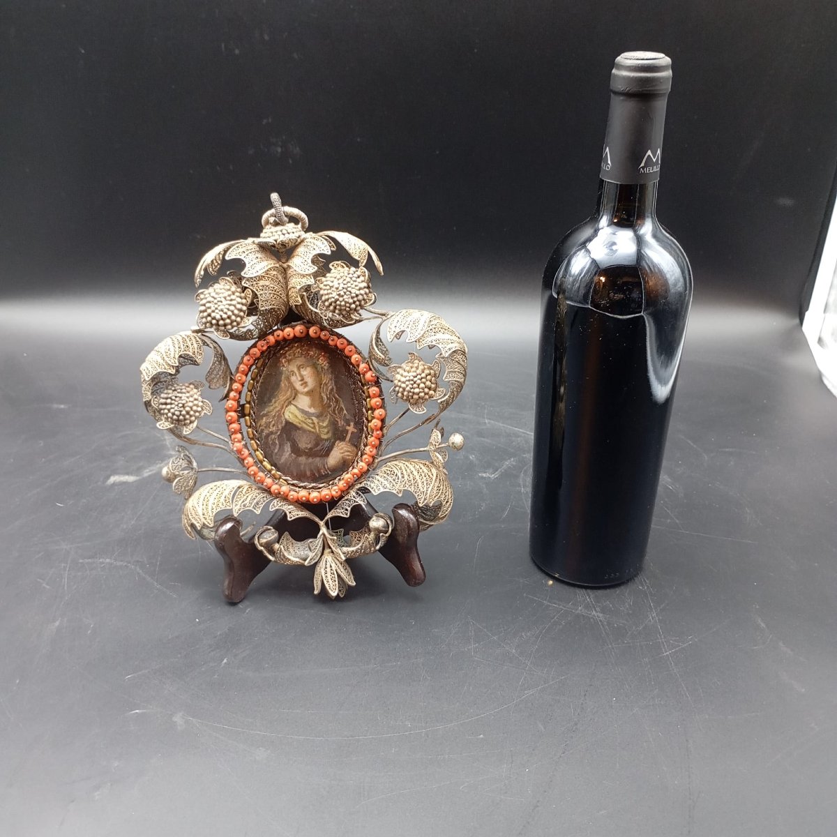 TÊTE DE LIT EN FILIGRANE D'ARGENT AVEC PETIT TABLEAU DE SAINTE ROSALE-photo-1