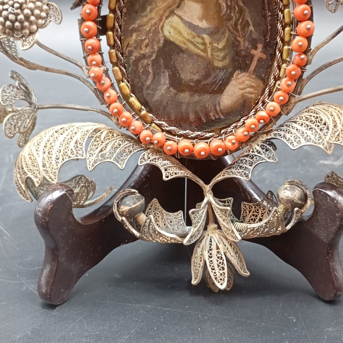 TÊTE DE LIT EN FILIGRANE D'ARGENT AVEC PETIT TABLEAU DE SAINTE ROSALE-photo-7