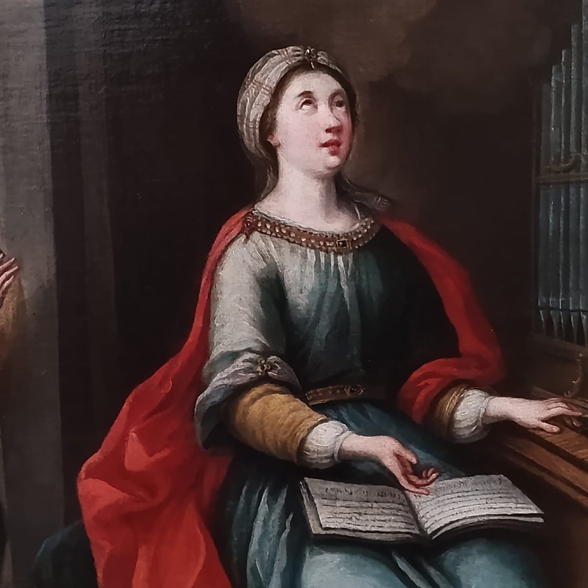 TABLEAU ANCIEN, HUILE SUR TOILE DU XVIIIe SIÈCLE, REPRÉSENTANT SAINTE CÉCILE-photo-4