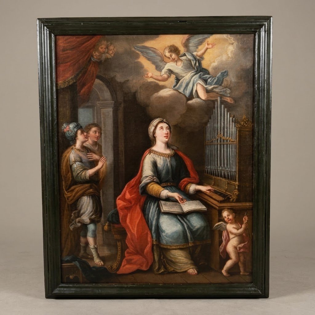 TABLEAU ANCIEN, HUILE SUR TOILE DU XVIIIe SIÈCLE, REPRÉSENTANT SAINTE CÉCILE