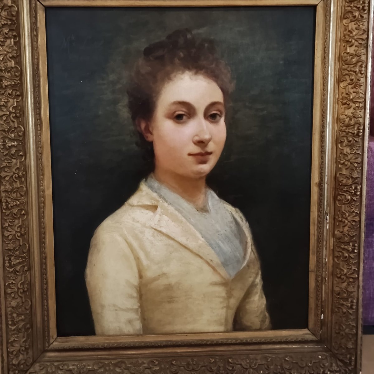 TABLEAU ANCIEN : PORTRAIT D'UNE JEUNE FEMME DE LA FIN DU XIXE SIÈCLE, SIGNÉ FRANCOIS VINCENT M.-photo-4